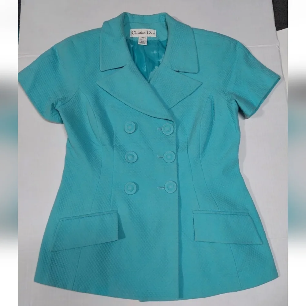 Vintage Christian Dior Teal Double Breasted Blazer Jacket Short Sleeve Women’s 8
